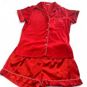 satin pajama set with white piping